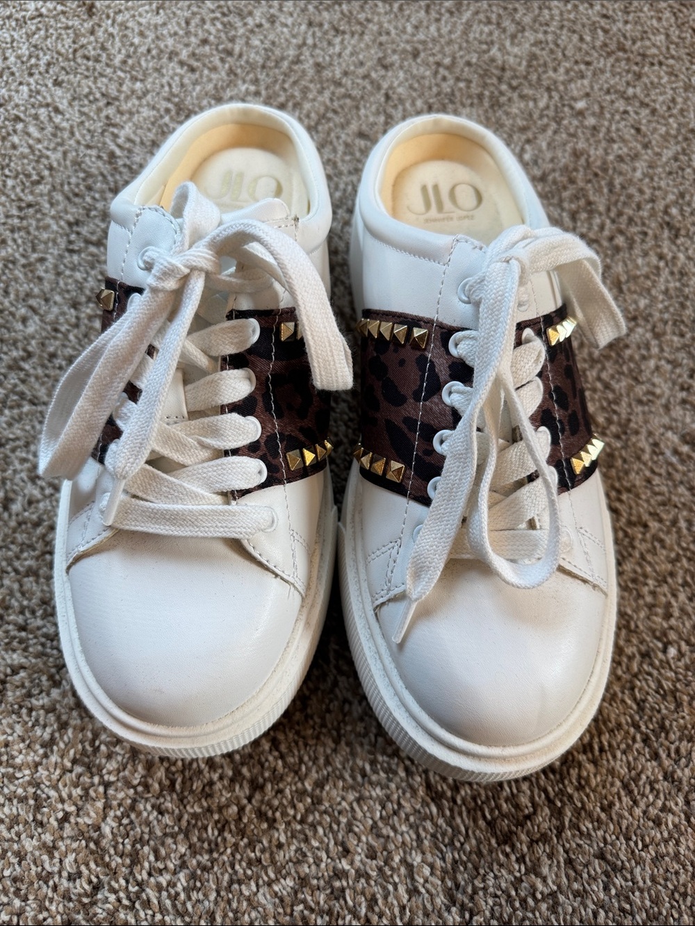 Jennifer Lopez White Sneakers with Leopard Band and Gold Studs